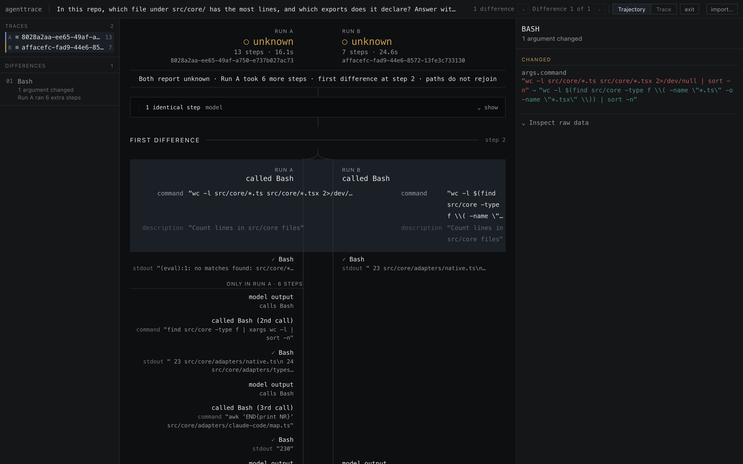 AgentTrace comparing two real Claude Code runs. Both report unknown status. The runs split at the first Bash call, where the commands differ, and run A continues with six steps run B does not have.