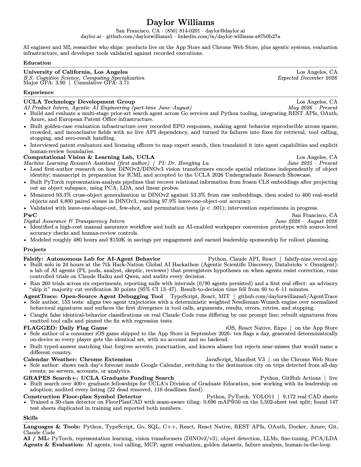 First page of Daylor Williams's resume